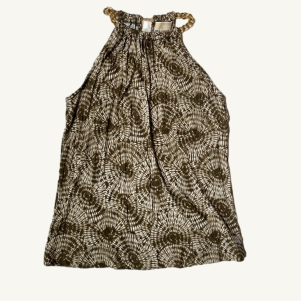 Michael Kors Olive Green & White Tank Top Chain Necklace Neck Tie Dye Pattern